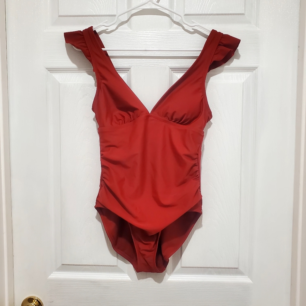 KONA SOL Maroon One Piece Swimsuit V-Neck Ruffles on shoulders Small